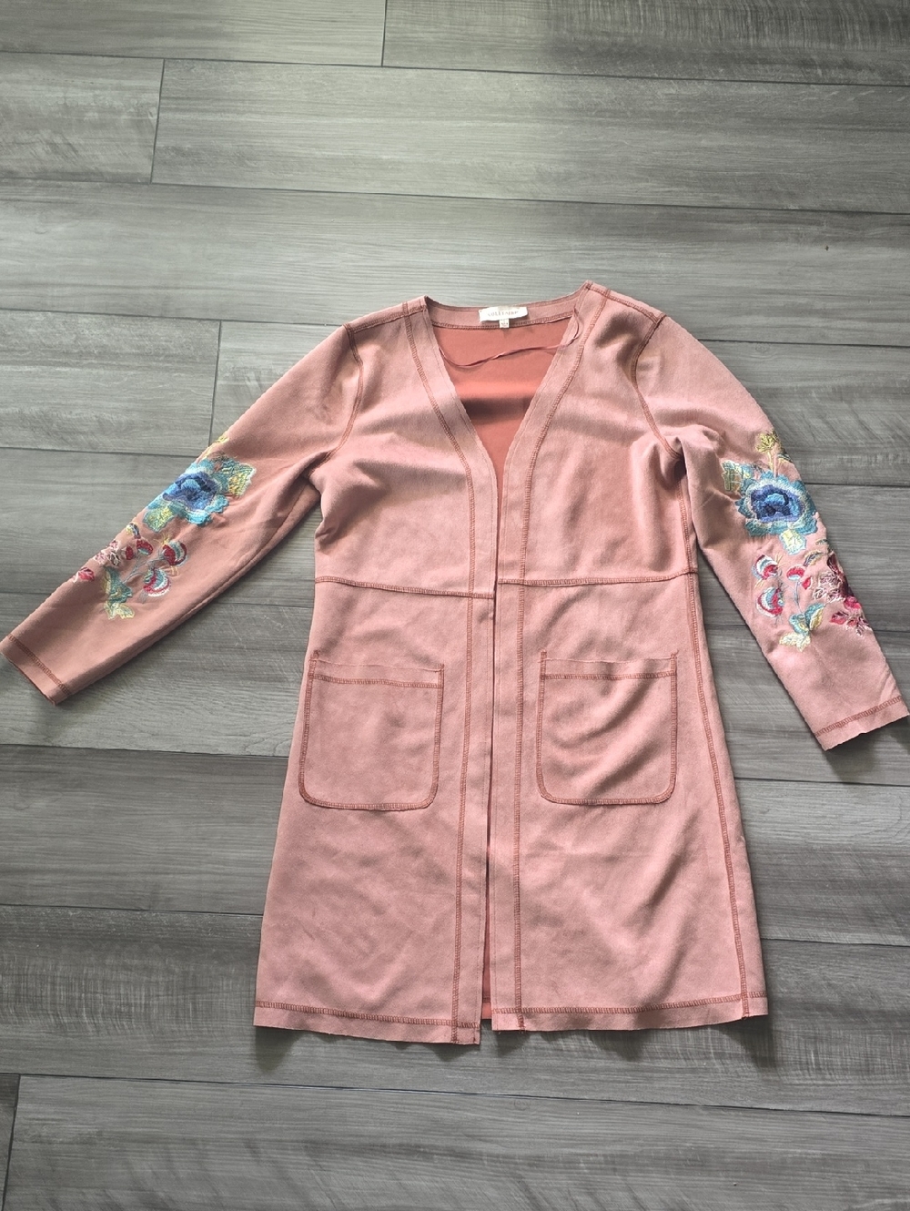 Pink Embroidered Floral Sleeve Open Cardigan By Solitaire Size Small